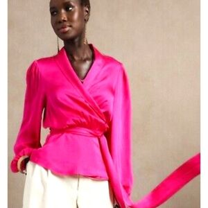 Banana Republic LS Shawl Collar Wrap Blouse- bright peony pink, dress up/down